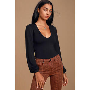 Lulus Basics Kaylene Black V-neck Balloon Sleeve Bodysuit - Size L